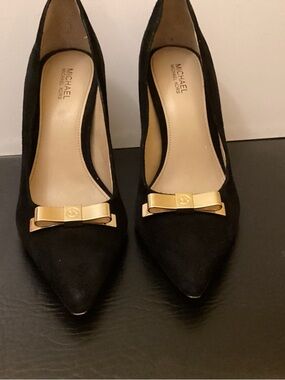 Michael Kors Black Suede Pointed Toe Pumps with Gold Bow